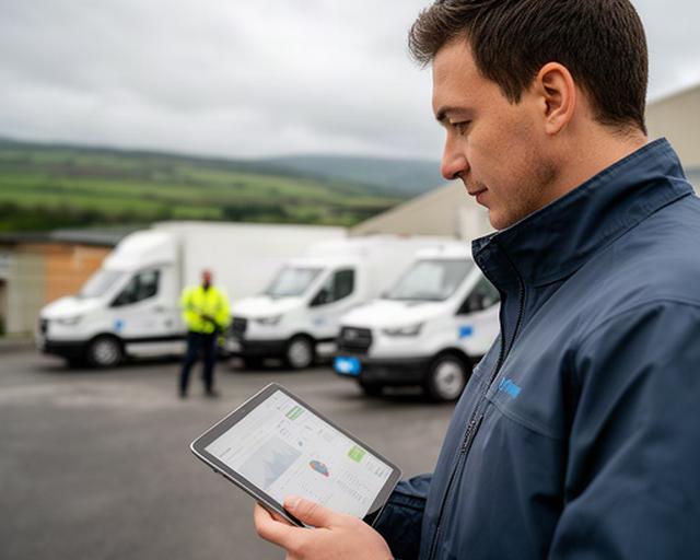 Transport supervisor checking driver attendance and vehicle data on a tablet beside a delivery fleet in Laois