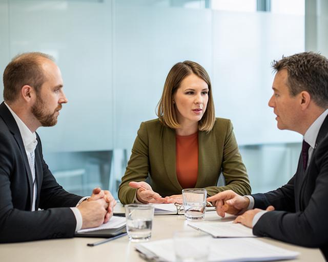 Two managers discussing a workplace investigation with an HR adviser around a meeting table