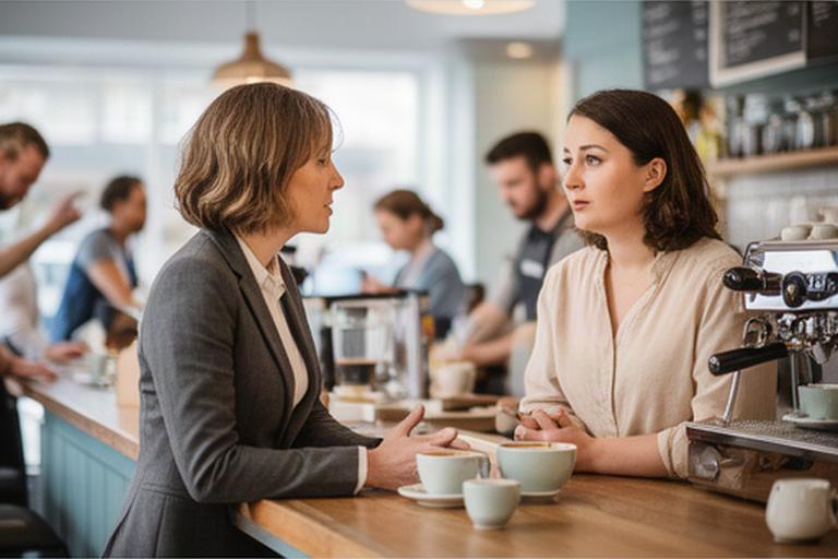 Café owner discussing a staff concern with an HR adviser at a busy counter in Laois