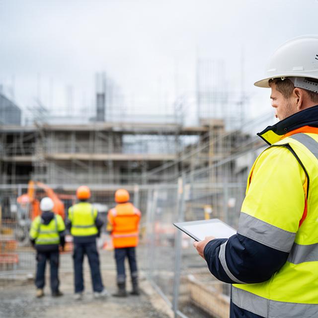 Construction site supervisor reviewing workforce safety records beside a marked Irish building site