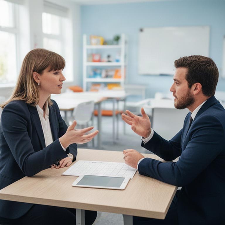 Private college tutor and quality reviewer discussing an academic staff review calendar in a bright training room