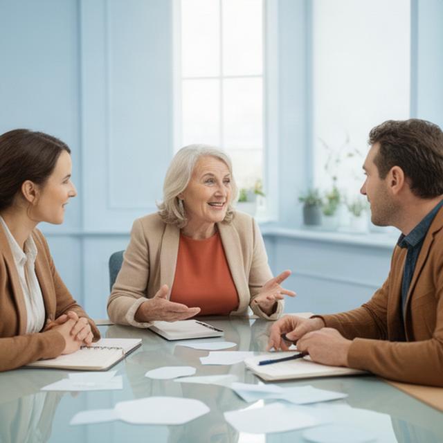 Senior HR consultant speaking with two Irish small business owners in a bright Port Laoise meeting room