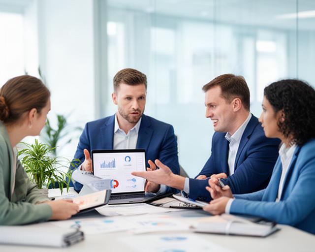 Operations manager reviewing a performance dashboard with a small Irish business team in a bright office